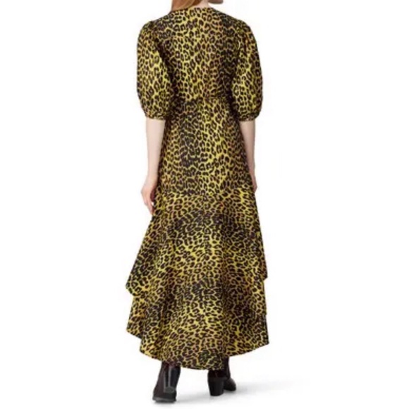 GANNI Yellow Gold Cheetah Midi Wrap Dress US 6 (sz 38) Animal Print Puffy Sleeve - Picture 3 of 10